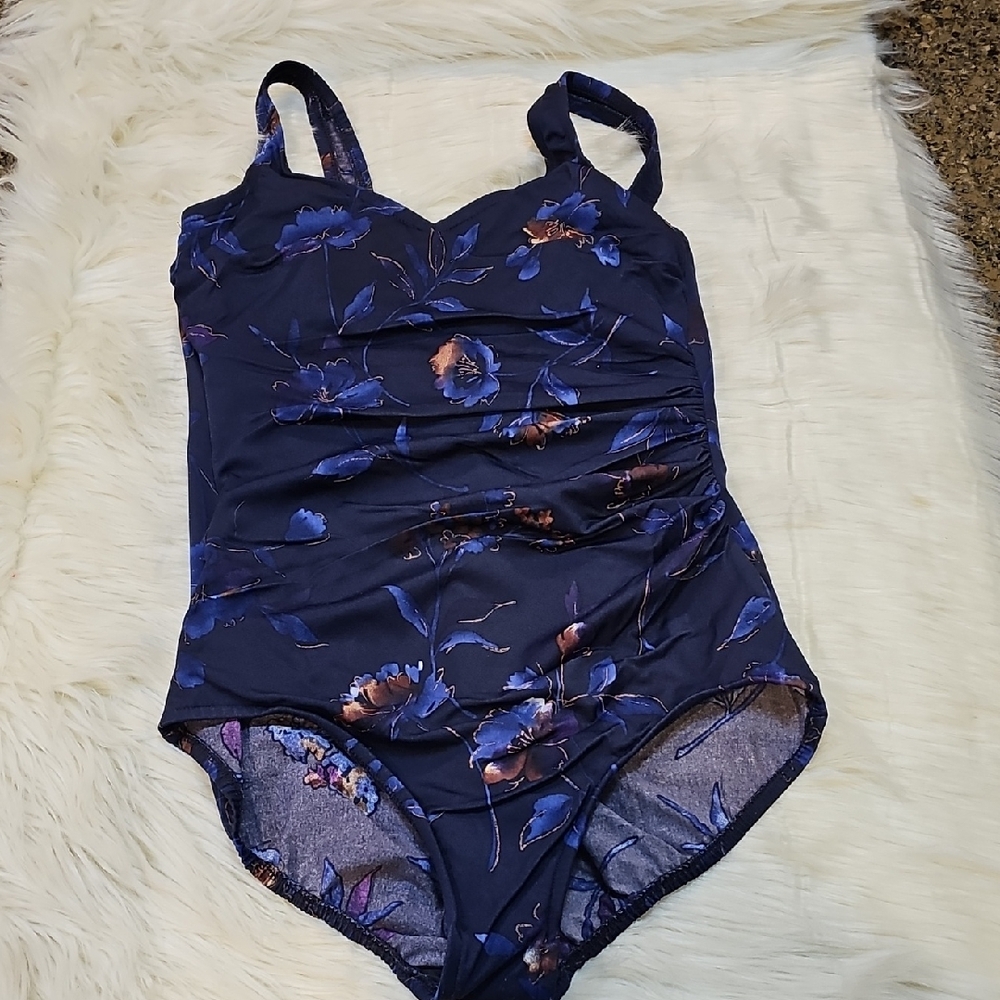 Lands' End Navy Floral Womens Swimsuit - Size 14